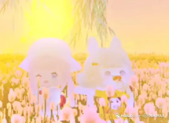 （左边人物面孔以及脸不变，右边人物身上变出一大团微小深红色花瓣，花瓣向外爆炸式扩散，右边人物身体随之从四肢开始逐渐瓦解，化作无数红色粒子轻盈飘散，最终右边人物完全消散在漫天飞舞的花瓣中，人物完全消失，写实风格，电影光效）没有运镜，保持原比例 by Hailuo AI Video Generator