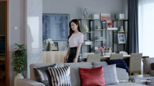 一位20多岁的中国美女，在家中的大厅散步，她穿着一件白色的短袖上衣和一条黑色的皮裙。展现出简洁而时尚的风格，皮裙紧贴身体，凸显了她的身材曲线。背景中可以看到一些家具和装饰，这些元素共同营造出一个室内环境的氛围。整体来看，画面展现出了女性的时尚魅力。 by Hailuo AI Video Generator