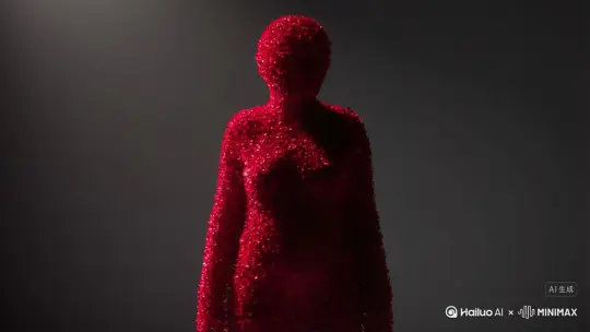 主体人物身上变出一大团微小深红色花瓣，花瓣向外爆炸式扩散，主体人物身体随之从四肢开始逐渐瓦解，化作无数红色粒子轻盈飘散，最终人物完全消散在漫天飞舞的花瓣中，人物完全消失，写实风格，电影光效 by Hailuo AI Video Generator