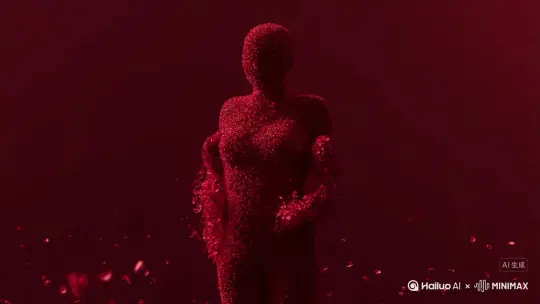 主体人物身上变出一大团微小深红色花瓣，花瓣向外爆炸式扩散主体人物身体，随之从四肢开始逐渐瓦解，化作无数红色粒子轻盈飘散，最终人物完全消失在漫天飞舞的花瓣中，人物完全消失，写实风格电影光效[右移,左摇,跟随] by Hailuo AI Video Generator