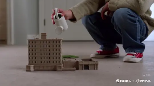 一个小孩子拿着一个水壶给一栋玩具大楼浇水，随着浇水这栋大楼变大成了摩天大楼[上摇] by Hailuo AI Video Generator