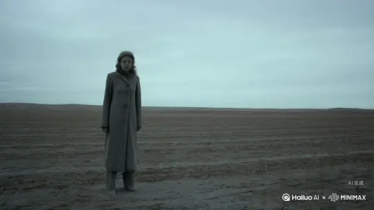 帮我生成一个视频：让图片中的场景动起来，人物变成无数灰色沙尘消失在视频中向右吹走（沙尘数量只在人物漫漫中涌出，然后消失）原比例 模型 高品质 by Hailuo AI Video Generator
