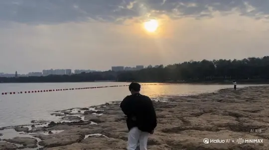 帮我生成一个视频：让照片中的场景动起来，人物变成无数灰色沙尘消失在视频中，向右吹走，（沙尘数量只在人物慢慢中涌出，然后消失）原比例模型高品质 by Hailuo AI Video Generator