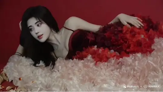 帮我生成一个视频：让图片中的场景不要动，人物变成无数红色粒子花瓣消失在视频中，向右吹走，原比例。比例 16:9，时长 6s，模型 高品质 by Hailuo AI Video Generator