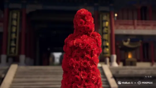 帮我生成一个视频：[右移,左摇,跟随]帮我生成一个视频：让图片中的场景动起来，人物变成无数红色玫瑰花瓣
消失在视频中，向右吹走，原比例。比例 16:9，时长 5s，模型 高品质 by Hailuo AI Video Generator