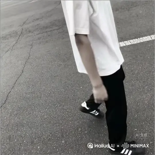 帮我生成一个视频：让图片中的场景动起来，人物变成无数红色颗粒消失在视频中，向右吹走 by Hailuo AI Video Generator