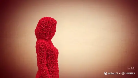 让图片中的场景动起来，人物变成无数玫瑰花瓣消失在视频中，向右吹走，原比例。比例 16:9，时长 5s，模型 高品 by Hailuo AI Video Generator