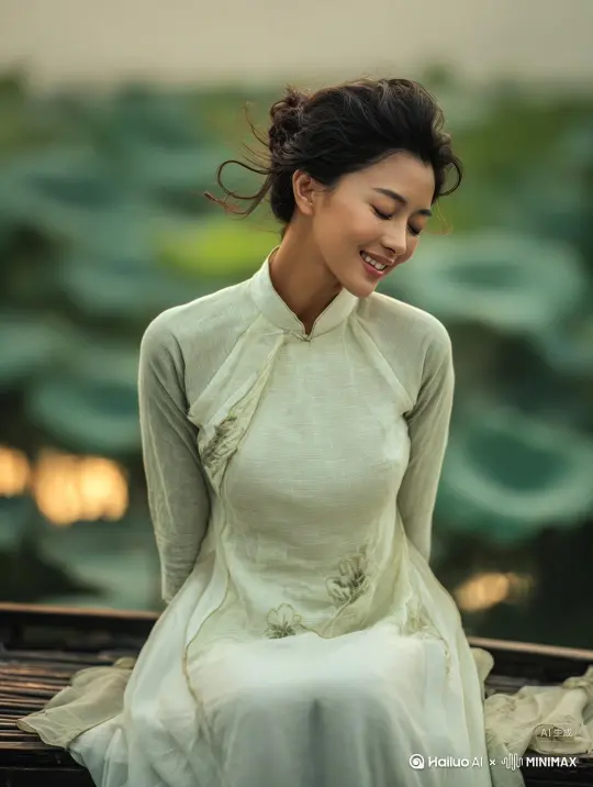 [左摇]环绕，至女人侧面，缓缓[拉远,上升]，逐渐展示女人坐在位置的震撼全景，女人处于“接天莲叶无穷碧”的巨大荷塘中间，一条笔直的木板小路的中间。青绿色调，宁静祥和，细腻肤质，传统旗袍，微风拂发，荷花点缀，静谧氛围 by Hailuo AI Video Generator