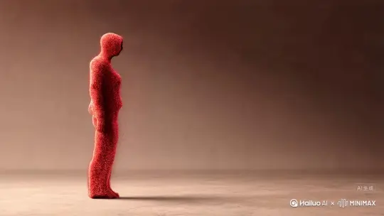 让图片中的场景动起来，人物变成无数红色颗粒加红色烟雾消失在视频中，向右吹走，原比例。比例 16:9，时长 5s，模型 高品质 by Hailuo AI Video Generator