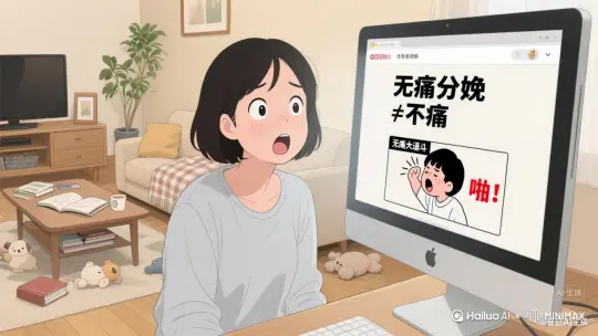 画面：女主瞪大眼睛盯着电脑屏幕，屏幕上弹出"无痛分娩≠不痛"的弹窗，旁边配图是"无痛大逼斗"的恶搞漫画。
台词："这叫无痛？这叫'能忍'！"
风格：电脑屏幕用韩式网页弹窗风格，女主表情崩坏（参考《心里的声音》夸张颜艺）。折叠环绕  镜头 by Hailuo AI Video Generator