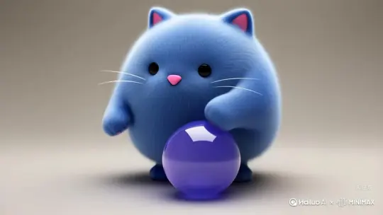 3D动画风格，画面主体是一只蓝色的胖猫，耳朵内侧为粉色，有着白色的胡须和粉色的鼻子，然后在敲打着紫色玻璃球，玻璃球敲了三次才碎掉，然后流出一滩水 by Hailuo AI Video Generator