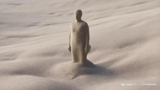 帮我生成一个视频：让图片中的场景动起来，人物变成无数灰色沙尘消失在视频中向右吹走（沙尘数量只在人物漫漫中涌出，然后消失）原比例 模型 高品质[右移,左摇,跟随] by Hailuo AI Video Generator