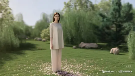 让让人变成花瓣散开直至消失。[右移,左摇,跟随] by Hailuo AI Video Generator