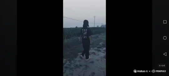 这两个视频生成，让图片中的场景动起来，人物变成无数灰色颗粒消失在视频中，向右吹走，原比例，比例 16:9，时长 5S， 模型高品质。 by Hailuo AI Video Generator