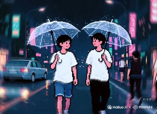 : 让图片中的场景动起来，人物变成无数雨滴颗粒消失在视频中，从雨伞上面那么消散的雨滴，原比例。比例 16:9，时长 5s，模型 高品质 by Hailuo AI Video Generator