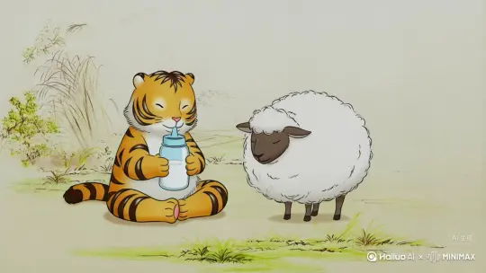 一只幼虎抱着奶瓶坐在地上，一只圆滚滚的绵羊面对着幼虎。中国风视频。 by Hailuo AI Video Generator