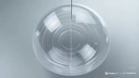 一只手拿着刀切晶莹剔透的瑜伽球，切成两片，发出切玻璃的声音，再用刀去切黄瓜，切成五片，发出切玻璃的声音，视频和声音都很解压 by Hailuo AI Video Generator