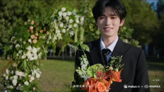 让图片中的场景动起来，人物变成无数红色颗粒加红色玫瑰花瓣消失在视频中，向右吹走，原比例。比例 16:9，时长 5s，模型 高品质 by Hailuo AI Video Generator