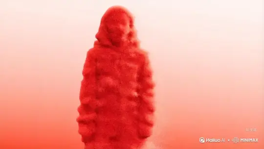 让图中的场景动起来能变成无数个红色沙尘消失在视频中、向右吹走(沙尘数量只在人物慢慢涌出、然后消失)。原比例、模制、高品质[左移,右摇,跟随] by Hailuo AI Video Generator