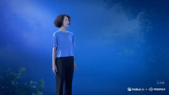 图片生成视频，指令是 让图片中的场景动起来，人物变成无数蓝色颗粒加蓝色烟雾消失在视频中，向右吹走，原比例。比例 16:9，模型 高品质 by Hailuo AI Video Generator