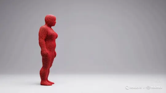 帮我生成一个视频：让图片中的场景不要动，人物变成无数红色粒子消失在视频中，向右吹走，原比例。比例 16:9，时长 6s，模型 高品质 by Hailuo AI Video Generator