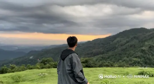 让图片中的场景动起来人物变成无数暗红色玫瑰消失在视频中向右吹走(玫瑰塑料纸在人物中漫漫涌现，然后消失)原比例。模型高画质[右移，左摇，跟随][右移，左摇，跟随] by Hailuo AI Video Generator