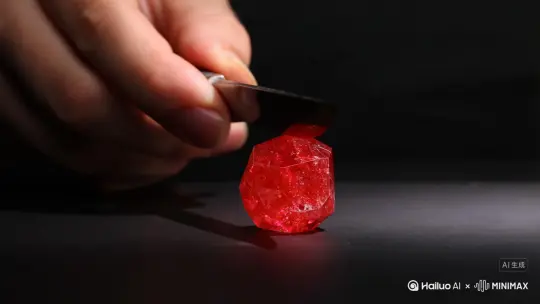 一把拿着刀的手在切一块儿水晶吉伊的红色宝石。 by Hailuo AI Video Generator