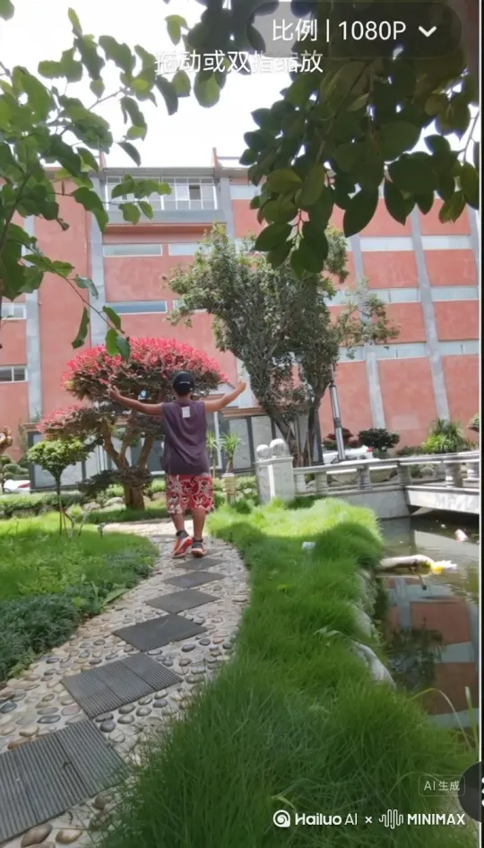 帮我生成一个视频：让图片中的场景动起来，人物变成无数灰色沙尘消失在视频中，向右吹走，（沙尘数量只在人物慢慢中涌出，然后消失）原比例[右移,左摇,跟随] by Hailuo AI Video Generator