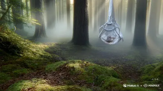 主题：早晨的针叶林
描述：薄雾在树干间缓缓流动，阳光透过树梢形成光柱
环境元素：厚厚的苔藓和落叶
气氛：空气中弥漫着清新的松木气息
镜头上摇，固定在针叶林之间一根根纤细的银丝编织成一个泛着银光的摇篮，镜头从摇篮的右边缓慢的左摇，摇篮内是一个换身发着银光的女子，女子面容美丽，沉沉睡着，身着银色纱织长裙，纤细的四肢搭在摇篮边缘。突然镜头固定在女子眼部，女子缓慢睁开了银色瞳孔的双眼。 by Hailuo AI Video Generator