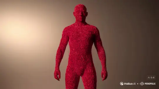 主体人物身上变出一大团微小深红色花瓣，花瓣向外爆炸式扩散，主体人物身体随之从四肢开始逐渐瓦解，化作无数红色粒子轻盈飘散，最终人物完全消散在漫天飞舞的花瓣中，人物完全消失，写实风格，电影光效 by Hailuo AI Video Generator