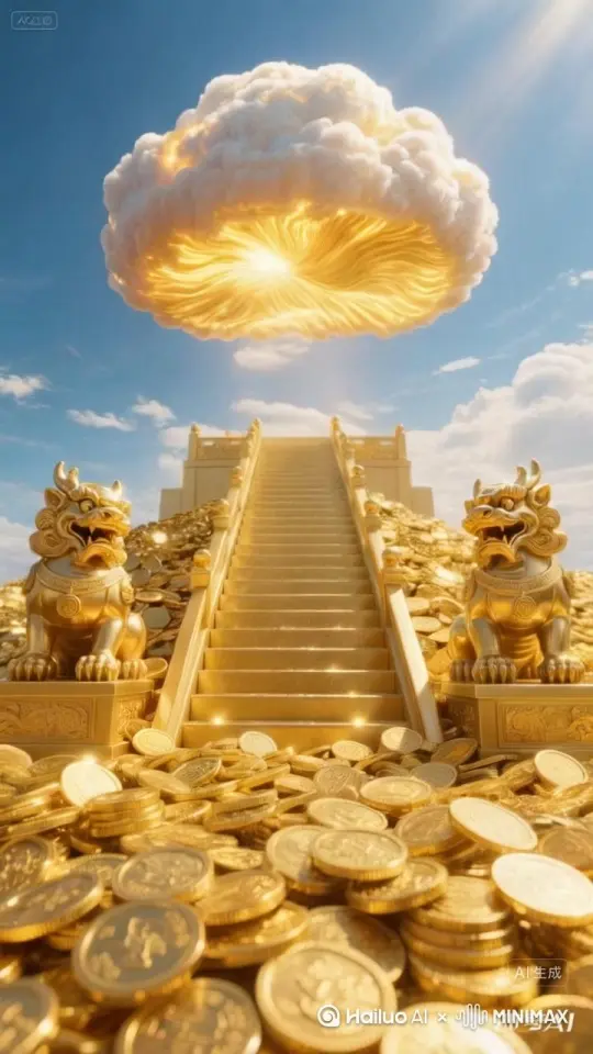 大量金币密密麻麻的从云朵里面喷涌下来，金币铺顺着金色台阶铺满整个屏幕 by Hailuo AI Video Generator