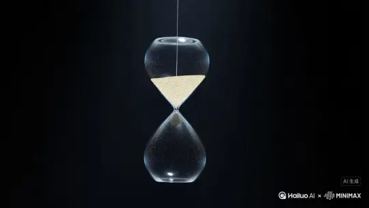/video prompt  
【主体】一座 30 cm 高的透明玻璃沙漏被 0.3 mm 直径的钢琴线吊起，成为单摆。  
【动作】整只沙漏以 45° 摆幅左右摆动，周期 6 秒；摆至左右顶点时，内部细白沙瞬间失重悬浮 0.3 秒，随后反向成束流冲刷，形成 S 形沙浪。  
【环境】纯黑无反光空间，仅一束 5600 K 冷白顶光聚焦沙漏；背景无纹理，吸光绒布。  
【光影】高对比度硬光，沙粒在光束中呈星点高光；每次失重瞬间出现 1 帧 6500 K 蓝白闪光，提示引力零点。  
【材质】玻璃折射率 1.5，边缘冷色高光；沙粒为极细石英砂，微闪金粉。  
【机位】120 fps 微距升格跟踪摆锤，镜头随摆锤同步平移，保持玻璃中心在画面固定位置，产生背景流动错觉。  
【声音】静音（可后期加低频心跳 Foley）。  
【风格】极简、实验室冷峻、超现实慢动作。  
--ar 16:9 --fps 120 --motion 9 --seed 123456 by Hailuo AI Video Generator