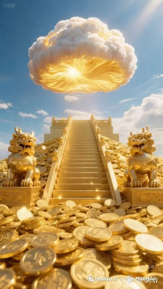 大量金币密密麻麻的从云朵金光里面喷涌下来，金币铺顺着金色台阶铺满整个屏幕，云朵不动 by Hailuo AI Video Generator
