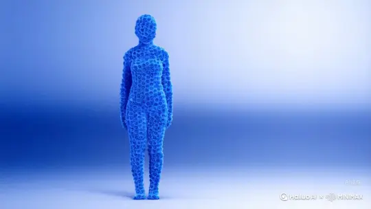 帮我生成一个视频：让图片中的场景动起来，人物变成无数蓝色玫瑰花瓣消失在视频中，向右吹走（花瓣数量只在人物中慢慢涌现，然后消失）   原比例 by Hailuo AI Video Generator