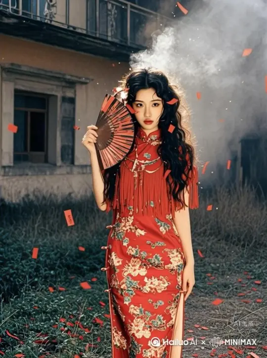 让图片中的场景动起来，人物变成无数红色花瓣消失在视频中，向右吹走，原比例，时长 5s，模型 高品质。 by Hailuo AI Video Generator