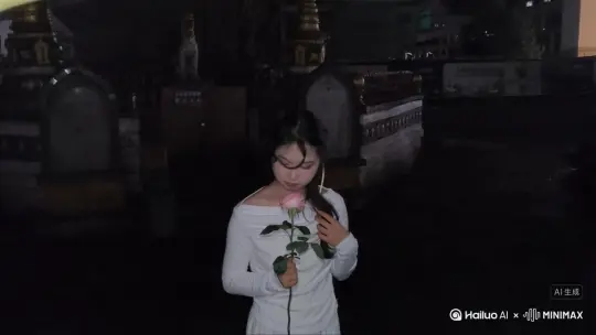 帮我生成一个视频：让图片中的场景动起来，人物变成无数的细雨点消失在视频中，向右吹走，（雨点数量只在人物慢慢中涌出，然后消失）原比例。[右移,左摇,跟随] by Hailuo AI Video Generator