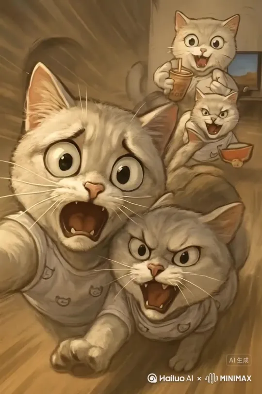 图中的猫咪喝着奶茶，吃着西瓜看着电视 然后回头竖着大拇指 原比例生成 by Hailuo AI Video Generator