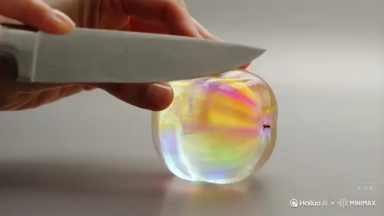 图片中有一个图片中有一个透明而彩的苹果，有一把刀，东明那里有一把手握着刀切下苹果，把苹果切成两半 by Hailuo AI Video Generator