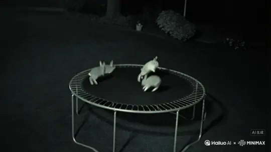 夜里，监控镜头效果，画面看到几只兔子跳蹦床玩 by Hailuo AI Video Generator