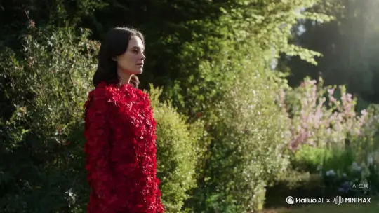 帮我生成一个视频：让图片中的场景动起来，人物变成无数红色玫瑰花瓣消失在视频中，向右吹走，原比例。比例 16:9，时长 5s，模型 高品质 by Hailuo AI Video Generator
