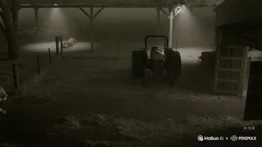 严格的红外灰度，带有微妙的绿色色调；金属表面有白色镜面反射光晕
物理权重：0.95
禁止元素：超越红外色调的色彩分级，超越快门限制的电影运动模糊
电影摄影
照明：固定红外泛光灯会产生刺眼的高对比度灰度；
style：颗粒状模拟闭路电视，轻微的 VHS 跟踪伪影，超过 1/15 秒快门速度时无运动模糊”，
“构图”：“从高架闭路电视角落俯瞰农家院的广角静态镜头”，
"camera_motion": "锁定的安全摄像头",
"frame_rate": "15 fps 单色 CCTV",
"lens": "固定 4 毫米 f/2.0 红外感应镜头，深焦，1/15 秒快门",
"film_grain": "夜视颗粒噪点严重，滚动扫描线模糊，VHS 跟踪轻微抖动"
  },
场景：紧张而又平凡的农场监视
画面：废弃的农场庭院，用铁丝网围起来，泥土地面上散落着稻草，
时间：黎明前，凌晨 4:15 
画面细节： 棚门半开，谷仓屋檐上的两个红外泛光灯投射出狭窄的锥体，舞台右侧是生锈的拖拉机框架，光束锥内有稀薄的地面雾气
动作：狮子从左侧进入，沿着泥路小跑向敞开的棚子；爪子下的尘土飞扬，服从9.8米/秒²的重力并自然沉降 by Hailuo AI Video Generator