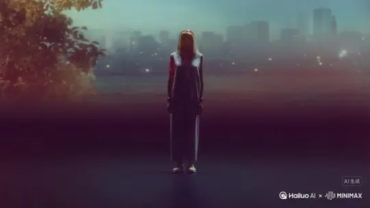 帮我生成一个视频：让图片中的场景动起来，人物变成无数红色颗粒消失在视频中， by Hailuo AI Video Generator