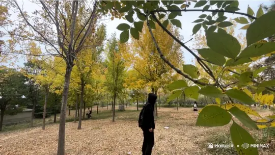 让图片中的场景动起来，图中黑色衣服变成无数红色花瓣消失在视频中，向右吹走，原比例。比例 16:9，时长 5s，模型 高品质 by Hailuo AI Video Generator