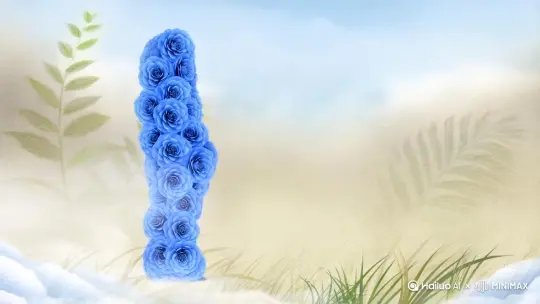 帮我生成一个视频：让图片中的场景动起来，人物变成无数蓝色玫瑰花瓣消失在视频中，向右吹走（花瓣数量只在人物中慢慢涌现，然后消失）   原比例 by Hailuo AI Video Generator