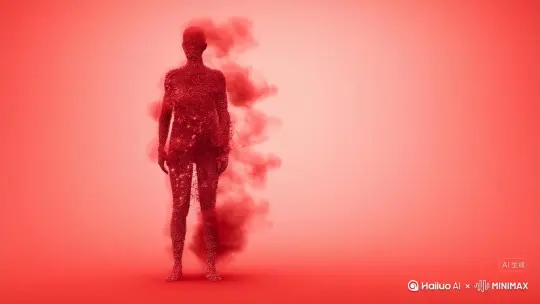 让图片中的场景动起来，人物变成无数红色颗粒加红色烟雾消失在视频中，向右吹走，原比例。比例 16:9，时长 5s，模型 高品质 by Hailuo AI Video Generator