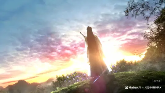 [推出,上升,下摇] 帮我生成一个视频：让图片中的场景动起来，人物变成无数玫瑰花瓣消失在视频中，向右吹走（花瓣数量只在人物中慢慢涌现，然后消失）   原比例。模型  高画质 by Hailuo AI Video Generator