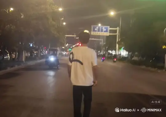 帮我生成一个视频：让图片中的场景动起来、人物变成无数红色沙尘消失在视频中、向右吹走、（沙尘数量只在人物中慢慢涌出、然后消失）原比例、模型 高品质[右移,左摇,跟随] by Hailuo AI Video Generator