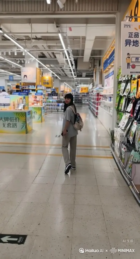 人物头发轻微飘扬，人物保持往前走姿势，不做动作保持位置不变，从她的肩膀和脸庞开始，碎裂成大量爆开的鲜红的玫瑰花瓣和红色颗粒。并向画面右边飘散，她的身形不断消散，直到最后只剩下漂浮的尘埃，在阳光中渐渐淡去。在此过程中，背景的地面货架物品不能改变、暗处和光线必须保持完全不变。红色颗粒与花瓣应缓慢飘散，不发光也不反光，确保分解过程看起来流畅，颗粒与花瓣的大小和飘散方向保持一致，且不会对背景造成任何扭曲[变焦推进] by Hailuo AI Video Generator