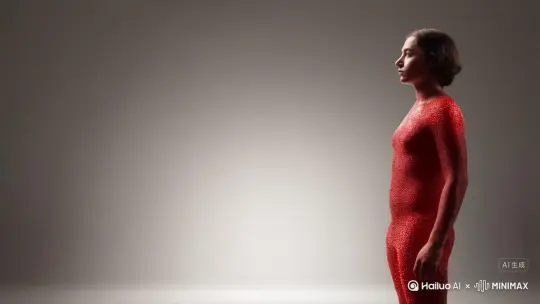 右边人物变成无数红色颗粒消失在视频中，向右吹走，原比例 by Hailuo AI Video Generator