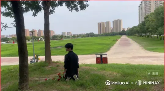 主体人物保持不变，主体人物化为微小深红色花瓣，花瓣向外爆炸式扩散，主体人物身体随之从四肢开始逐渐瓦解，化作无数红色粒子向右轻盈飘散，最终人物完全消散在漫天飞舞的花瓣中，人物完全消失，写实风格，电影光效，前快后慢[左移,右摇,跟随] by Hailuo AI Video Generator
